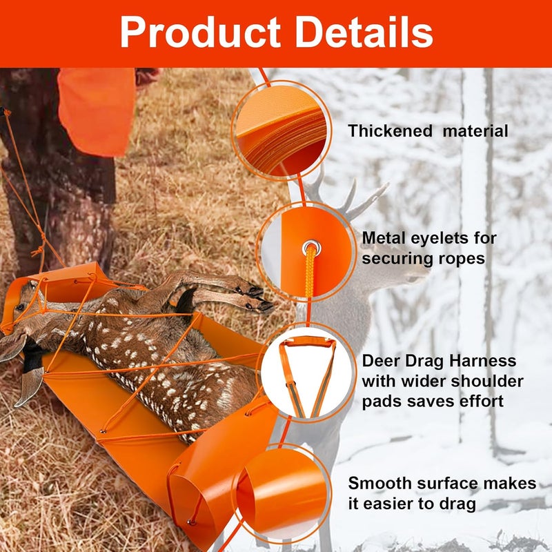 Vecacosic 1.2MM Thickened Deer Drag Sled Tear-Resistant Deer Dragging Sled Game Hauler for Hunting with Odocoileus virginianus Drag Harness and Handle, Save Effort Hunting Gear Accessories - Image 3
